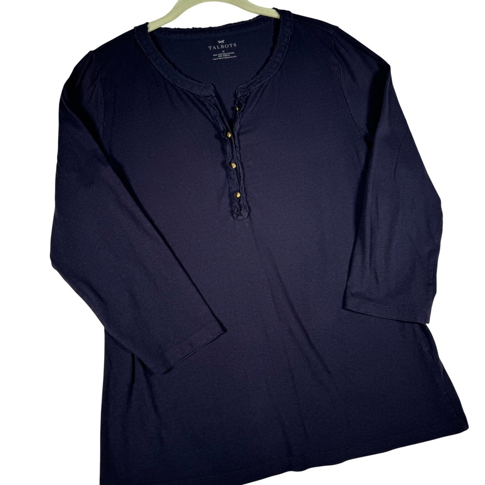 Talbots Navy Blue Ruffle Henley Top 3/4 Sleeve Cotton Modal Blend Size M